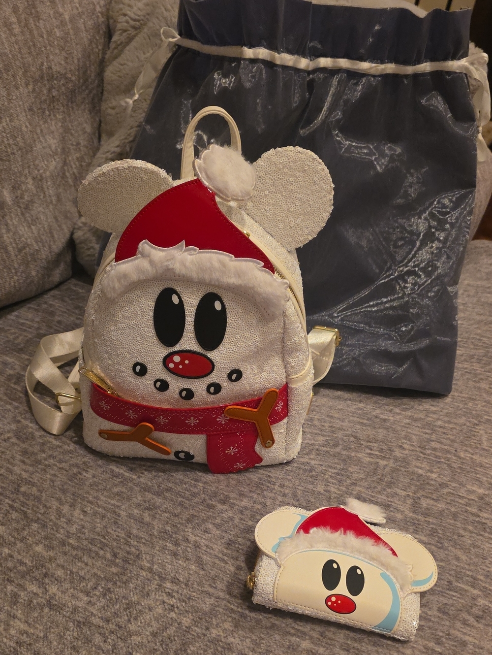 Loungefly Disney Mickey White & Red Snowman Kids Backpack and Wallet Set NWOT